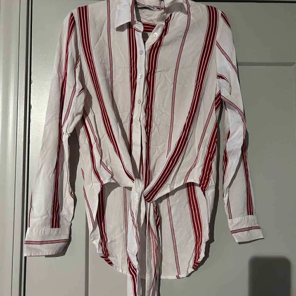 Faithfull The Brand Tie Front Red White Striped Button Down Cotton Shirt 8